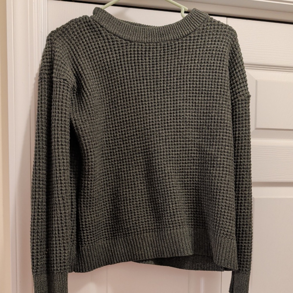 Time and Tru Womens Large 12-14 Green Waffle Knit Pullover Sweater Long Sleeve